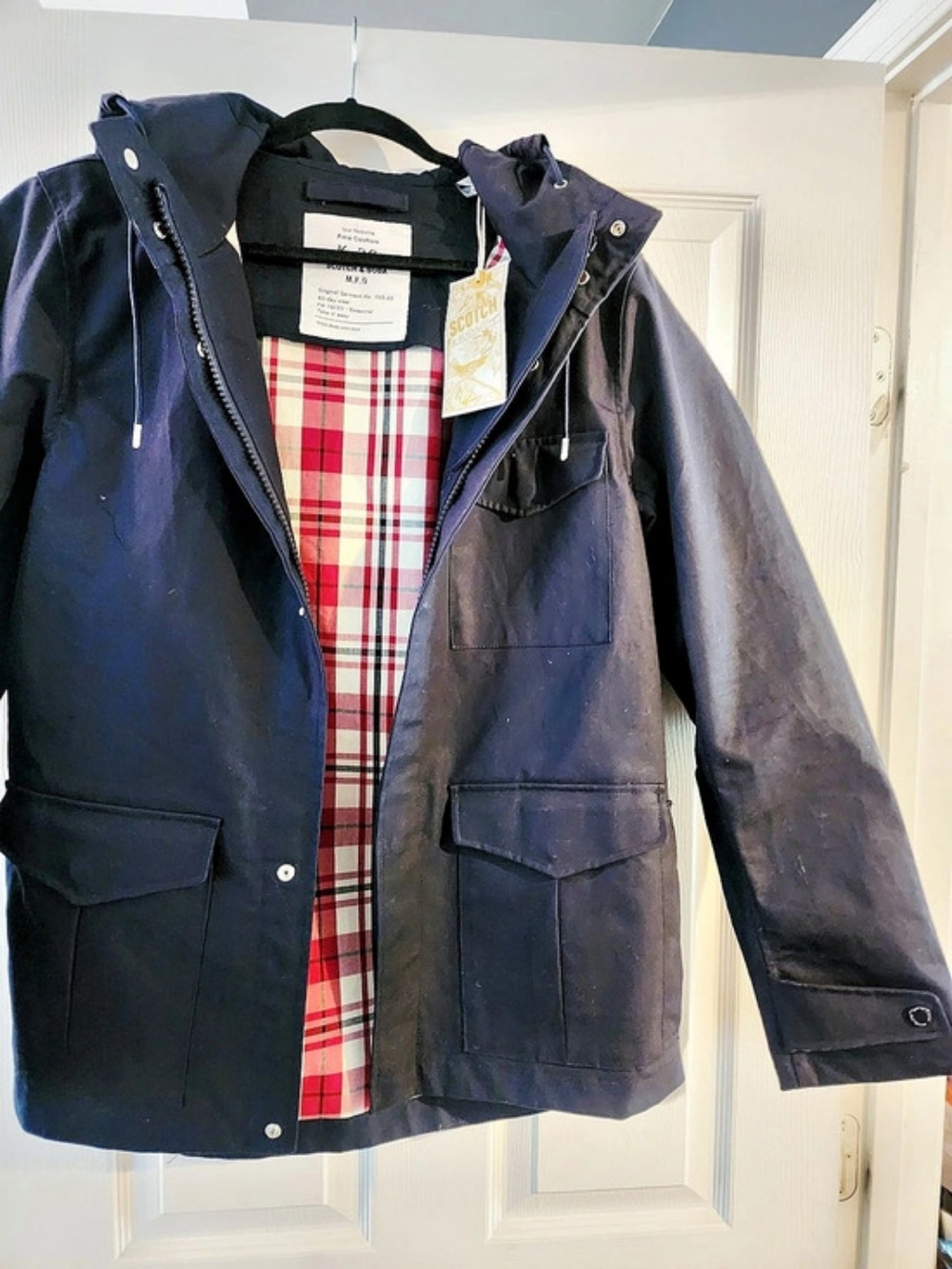 Scotch & Soda FW 19/20 Essential Plaid Hooded Jacket in Blue Size Medium NWT